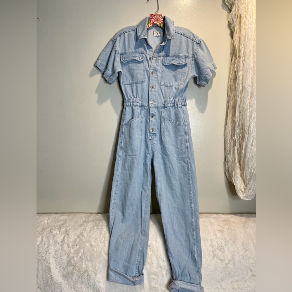 Free People Marci Denim Utility Jumpsuit Coverall Cotton Short Sleeve - Picture 4 of 7
